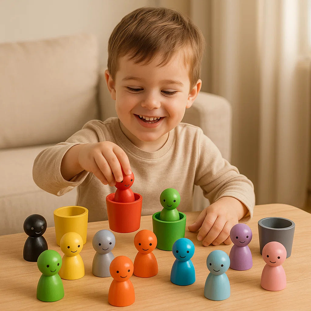 Montessori färgsorteringsspel i trä med bägare