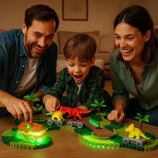 Dinosaurieäventyr – Flexibel racerbana med lysande tåg