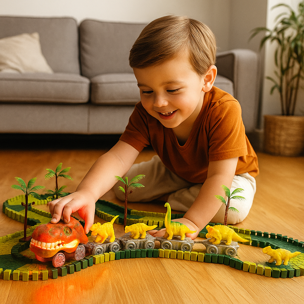Dinosaurieäventyr – Flexibel racerbana med lysande tåg
