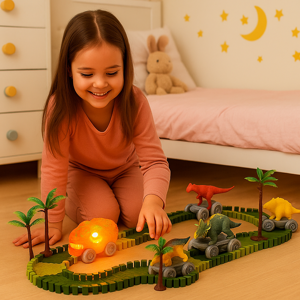 Dinosaurieäventyr – Flexibel racerbana med lysande tåg
