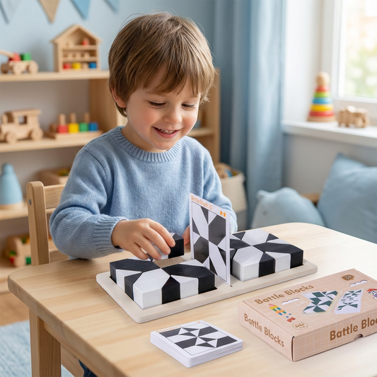 Battle Block-pusselspel i trä ⎜ Pedagogisk leksak för logikträning för barn med kort och brädspel
