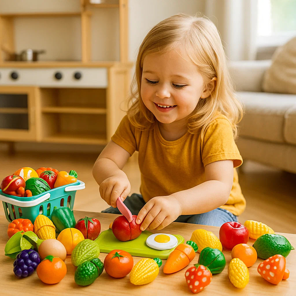 Köksset med skärande frukt | Pedagogisk leksak för barn med korg och realistiska grönsaker för rollspel