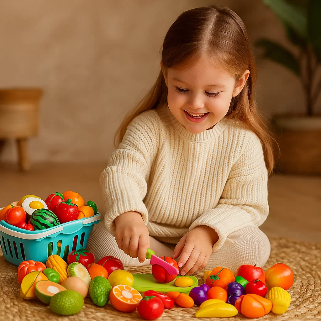Köksset med skärande frukt | Pedagogisk leksak för barn med korg och realistiska grönsaker för rollspel