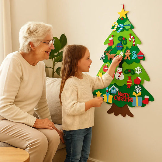 DIY filtjulgran för barn | Säker väggdekoration med avtagbara ornament för rolig jullek