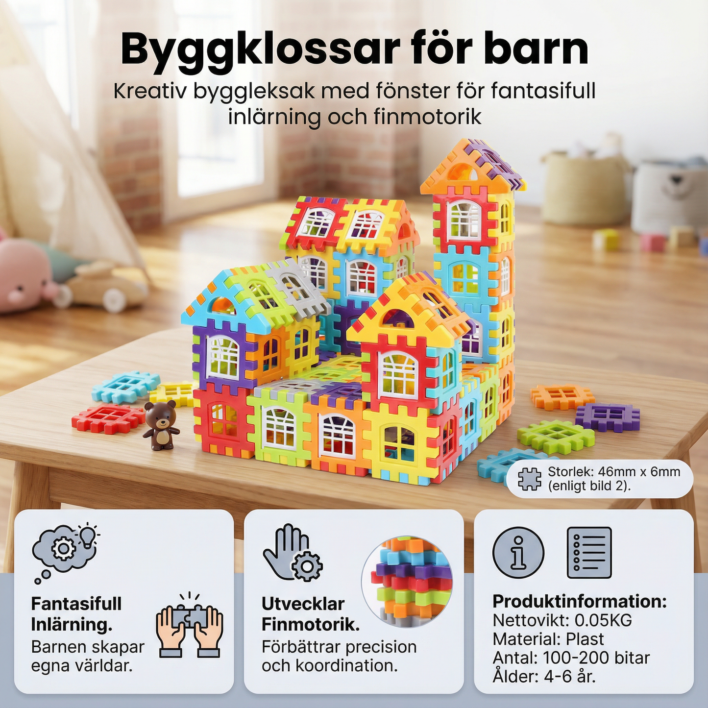 Byggklossar för barn | Kreativ byggleksak med fönster för fantasifull inlärning och finmotorik