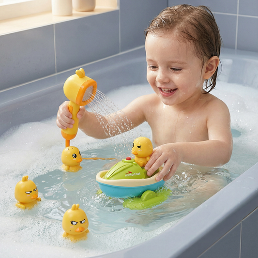 Badleksaksset för barn | Roliga vattensprutande ankor med motorbåt för interaktiv lek vid bad