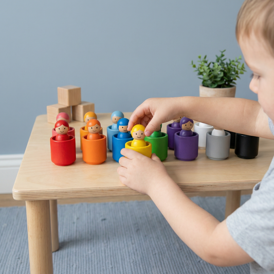 Montessori färgsorteringsspel i trä med bägare