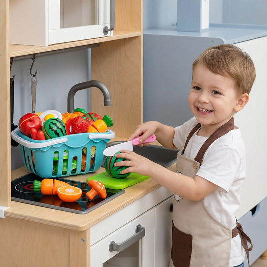 Köksset med skärande frukt | Pedagogisk leksak för barn med korg och realistiska grönsaker för rollspel