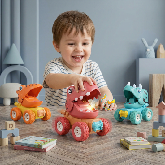 Tryck & kör dino-monstertruckar