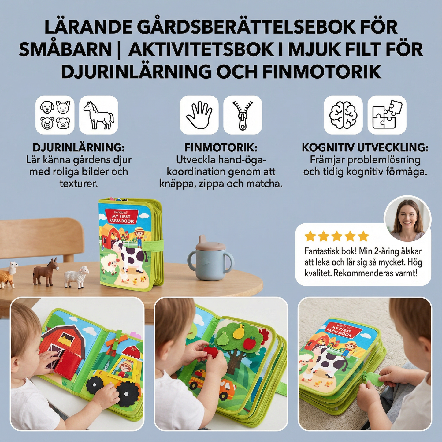 Lärande gårdsberättelsebok för småbarn | Aktivitetsbok i mjuk filt för djurinlärning och finmotorik