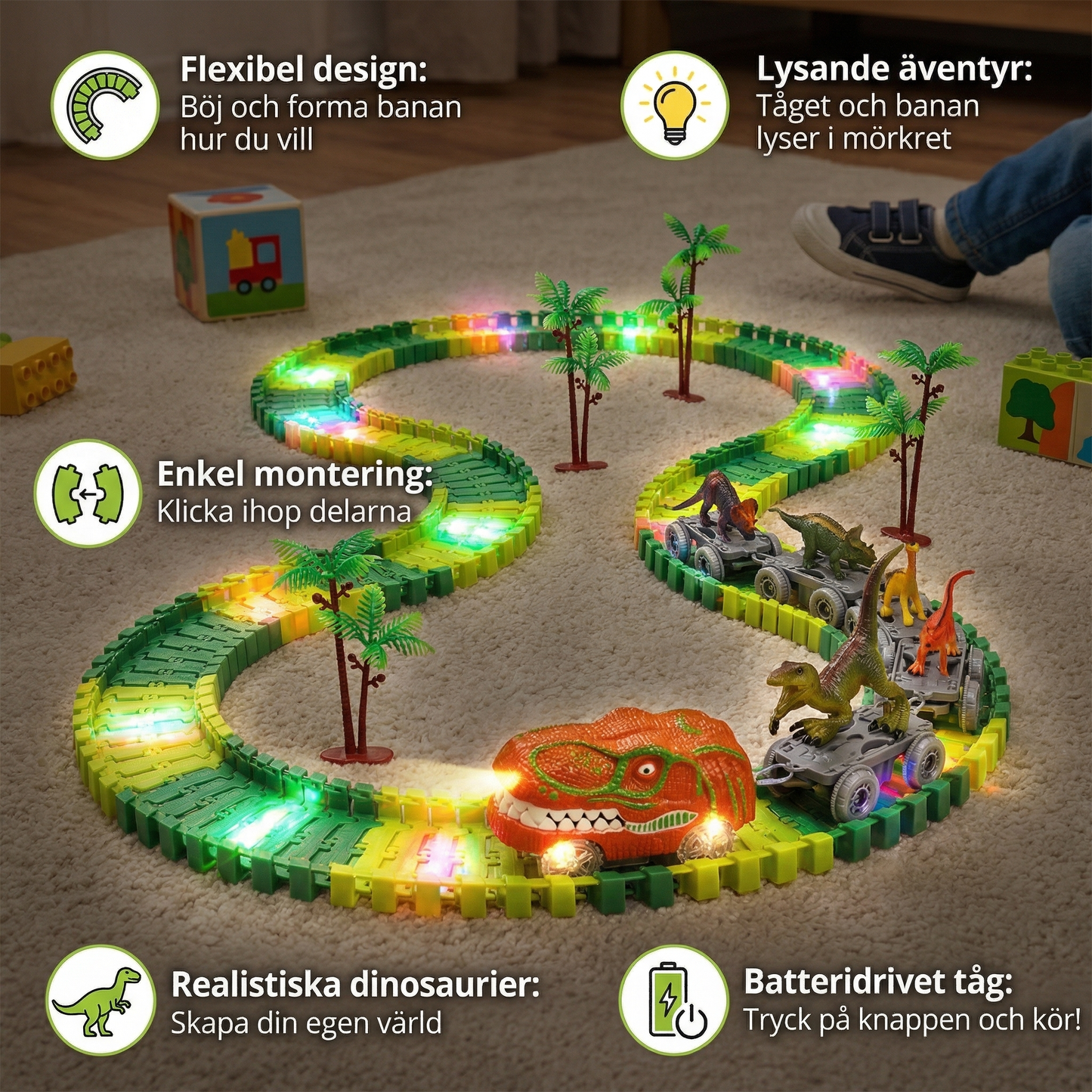 Dinosaurieäventyr – Flexibel racerbana med lysande tåg