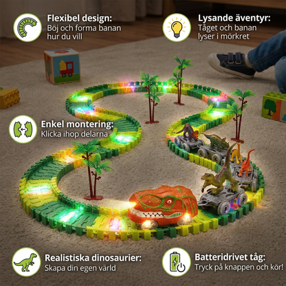 Dinosaurieäventyr – Flexibel racerbana med lysande tåg