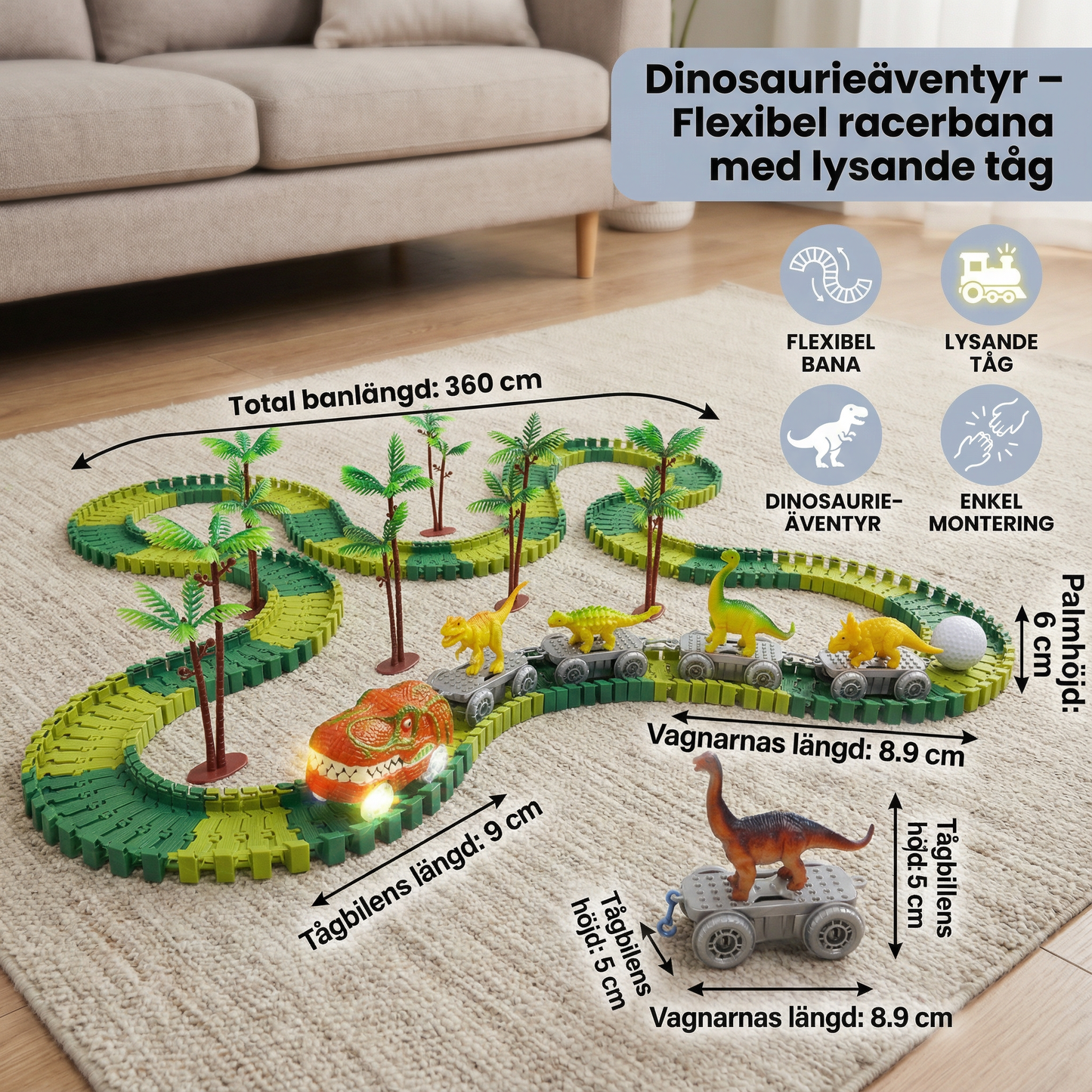 Dinosaurieäventyr – Flexibel racerbana med lysande tåg