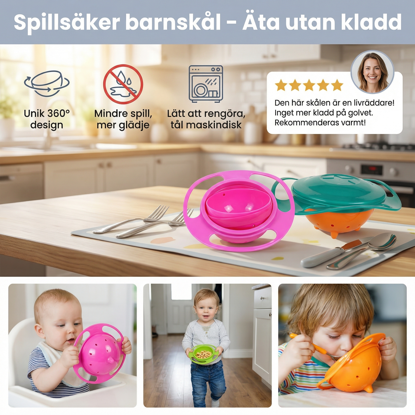 Spillsäker barnskål – Äta utan kladd