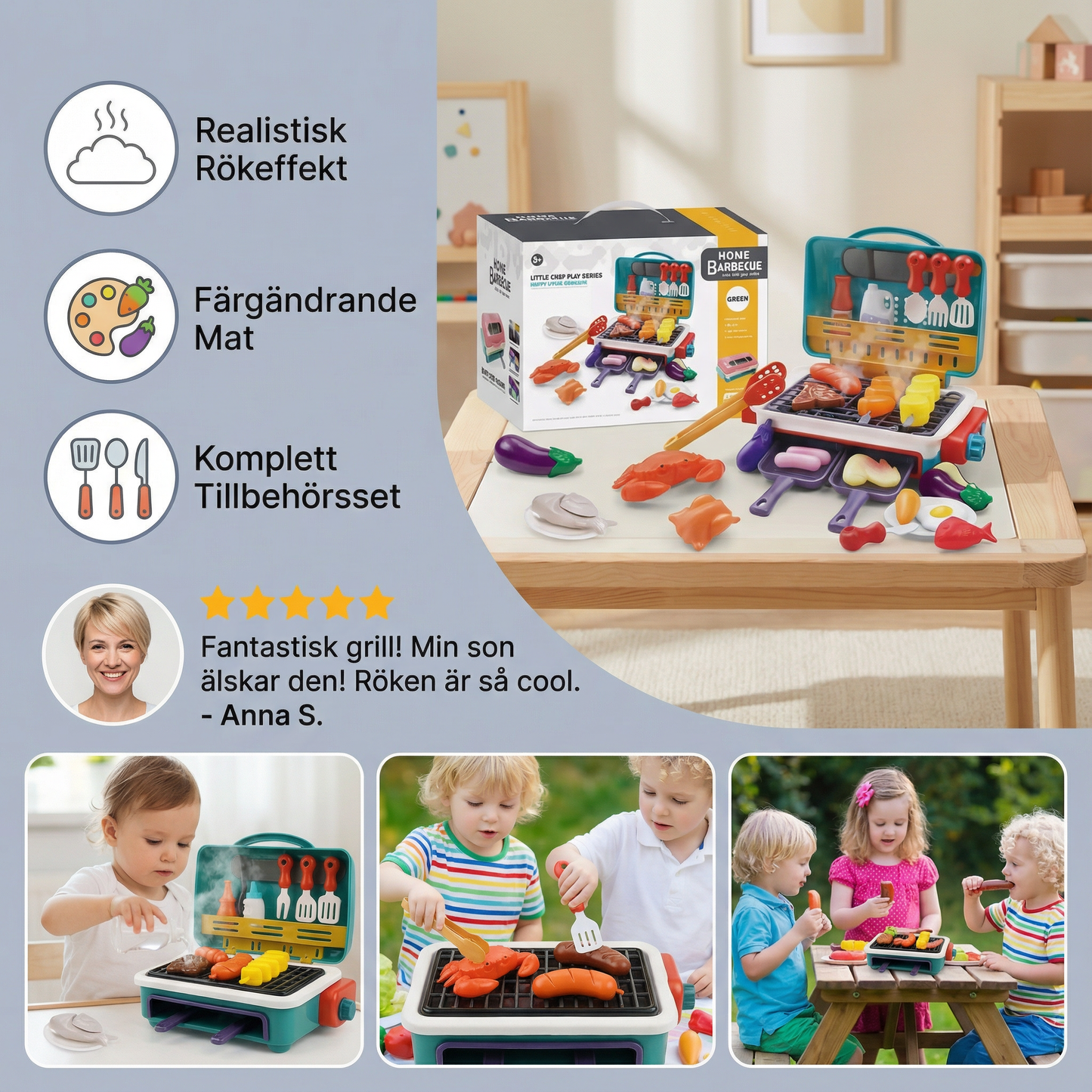 Min första BBQ-grill – Barnkök med rökeffekt och färgändrande mat