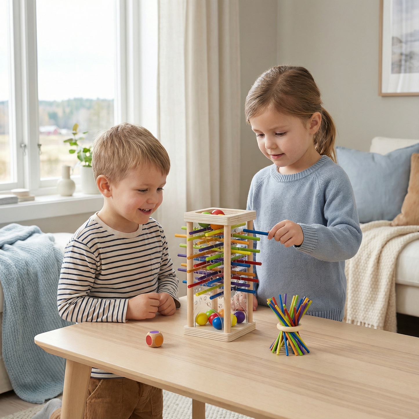 Pedagogiskt 3-i-1 träspel med kulor och pinnar