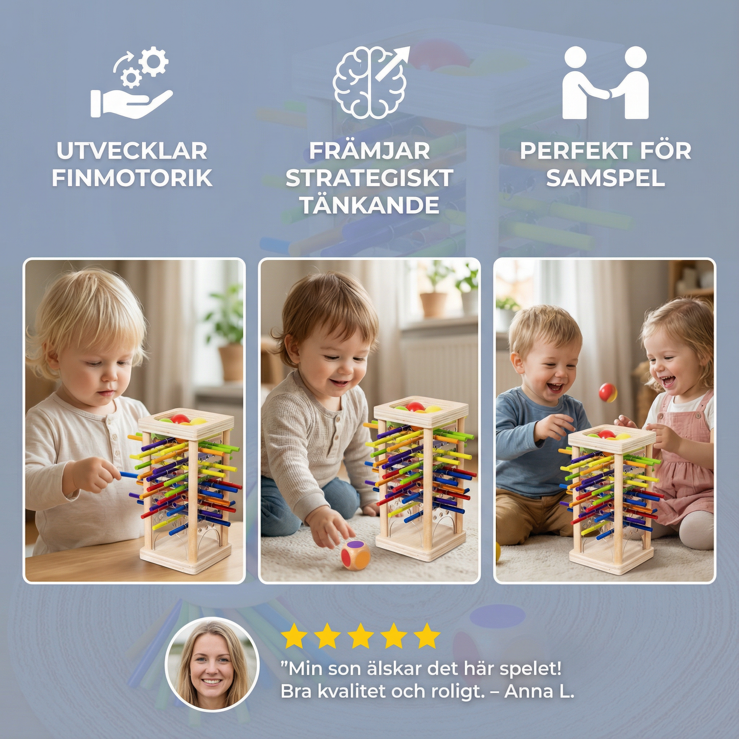 Pedagogiskt 3-i-1 träspel med kulor och pinnar