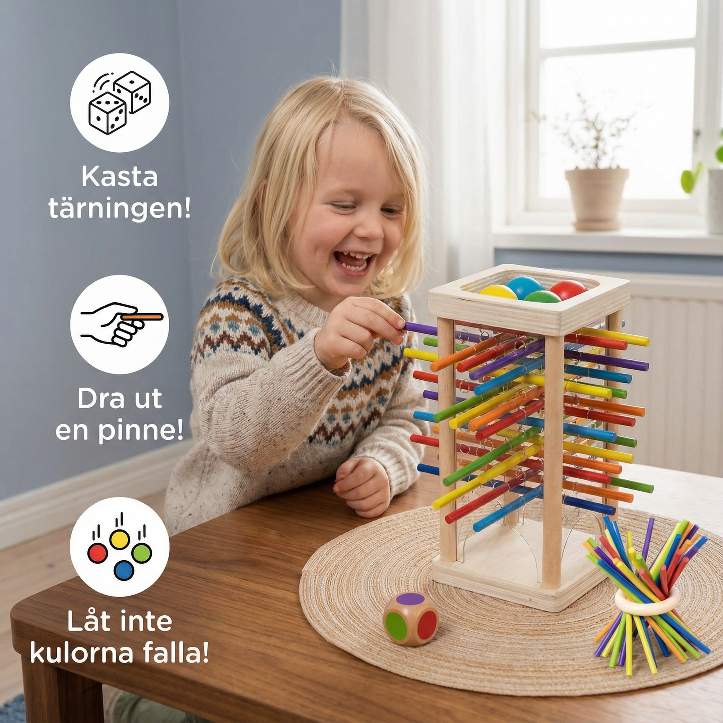 Pedagogiskt 3-i-1 träspel med kulor och pinnar