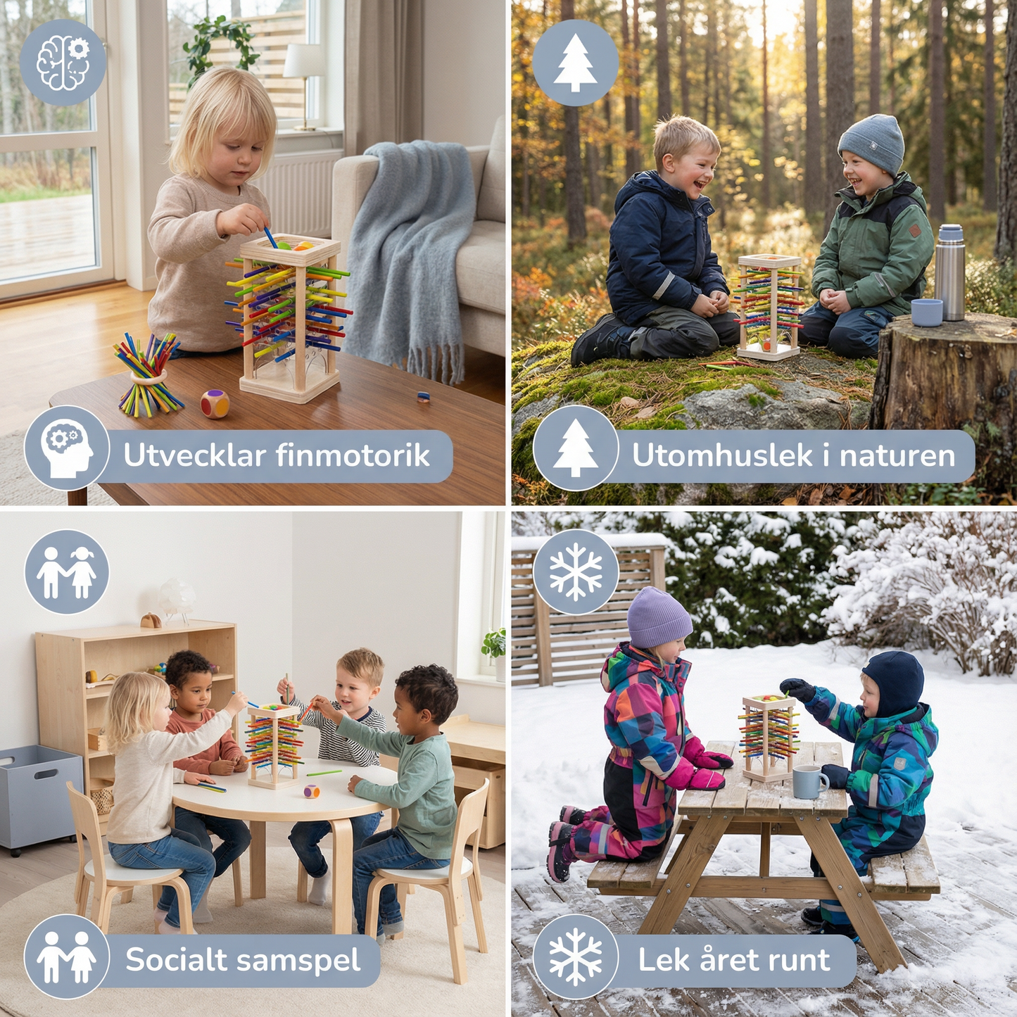 Pedagogiskt 3-i-1 träspel med kulor och pinnar