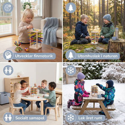 Pedagogiskt 3-i-1 träspel med kulor och pinnar
