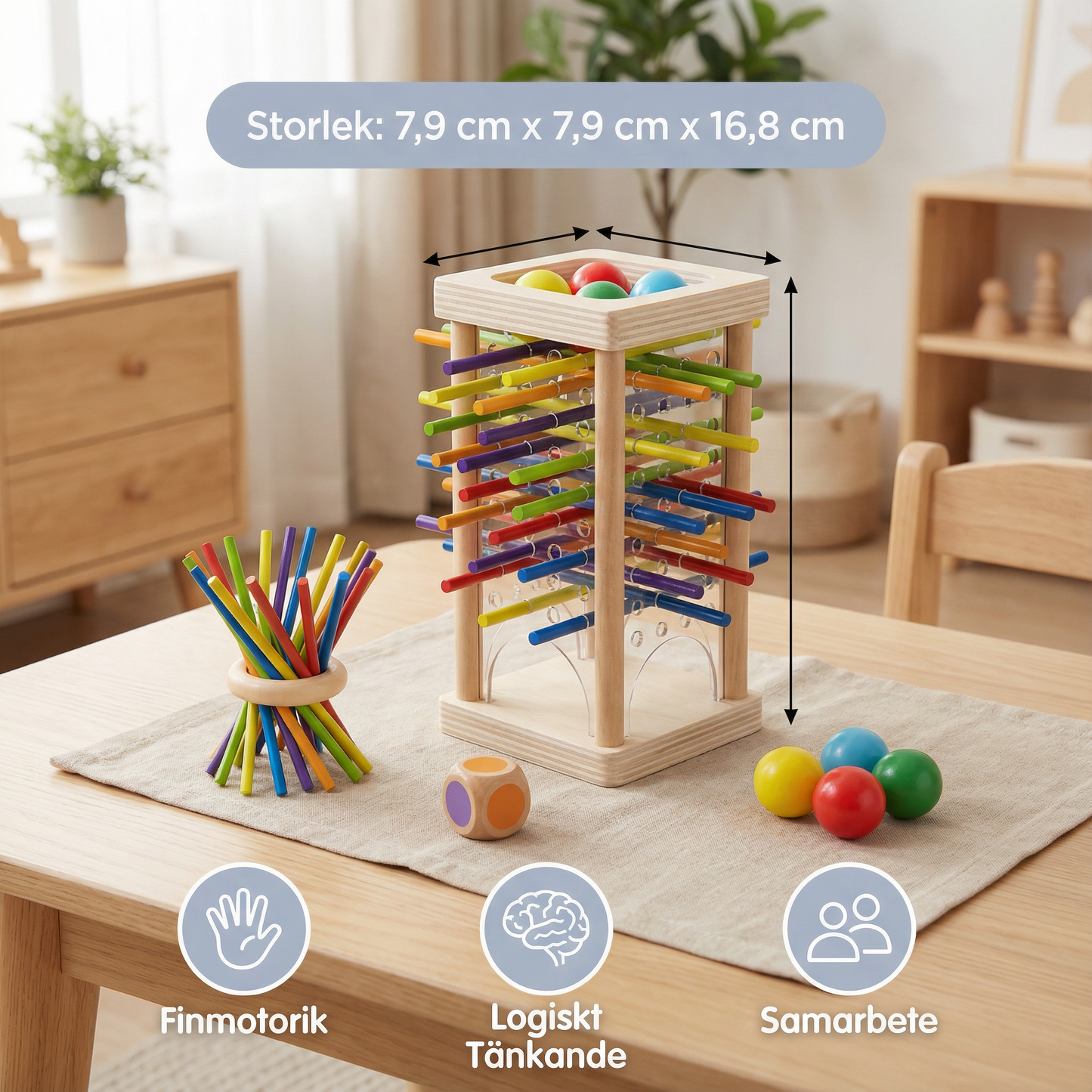 Pedagogiskt 3-i-1 träspel med kulor och pinnar